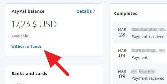 Tombol Withdraw funds di PayPal balance