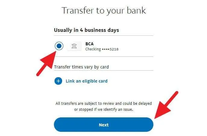 Memilih kartu untuk mencairkan saldo Paypal