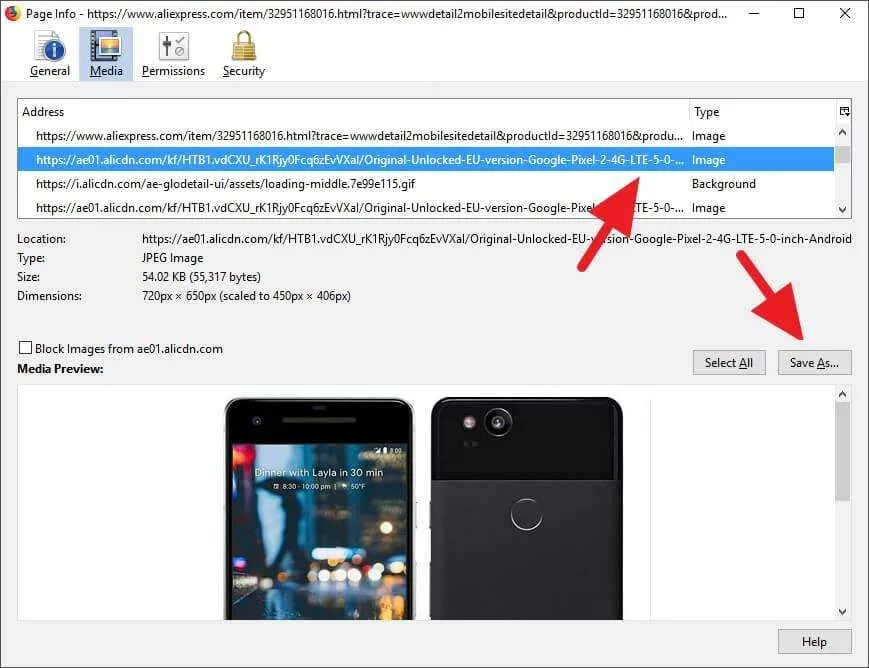 Download gambar AliExpress via Page Info