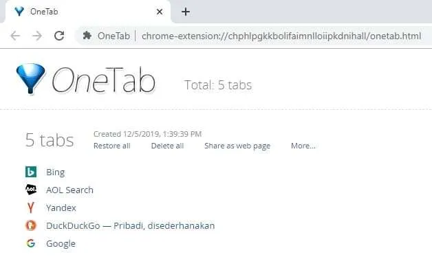 saved tabs OneTab 1 3 Cara Restart Chrome Tanpa Kehilangan Tab yang Dibuka 5 saved tabs OneTab 1