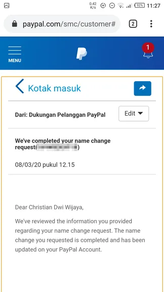 Cara Mengganti Nama PayPal Menggunakan KTP 10 Permintaan penggantian nama disetujui PayPal 1 Cara Mengganti Nama PayPal Menggunakan KTP 10 Permintaan penggantian nama disetujui PayPal 1