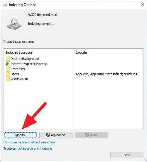 Modify indexing options Cara Mengecualikan Folder dari Pencarian Windows 4 Modify indexing options