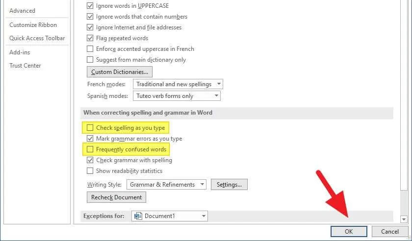 When correcting spelling Cara Menghilangkan Garis Bawah Merah di Microsoft Word 7 When correcting spelling