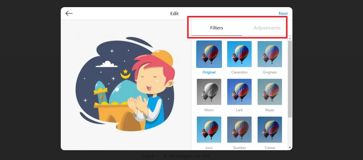 fitur filters dan adjustments Cara Upload Foto di Instagram PC/Laptop Tanpa Aplikasi 5 fitur filters dan adjustments