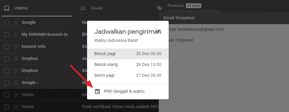 3 Cara Menjadwalkan Email Agar Terkirim Secara Otomatis 8 pilih tanggal dan waktu 3 Cara Menjadwalkan Email Agar Terkirim Secara Otomatis 6 pilih tanggal dan waktu