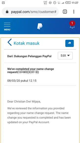 Permintaan penggantian nama disetujui PayPal 1 Cara Mengganti Nama PayPal Menggunakan KTP 8 Permintaan penggantian nama disetujui PayPal 1