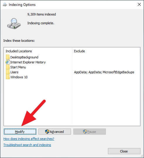 Modify indexing options Cara Mengecualikan Folder dari Pencarian Windows 2 Modify indexing options