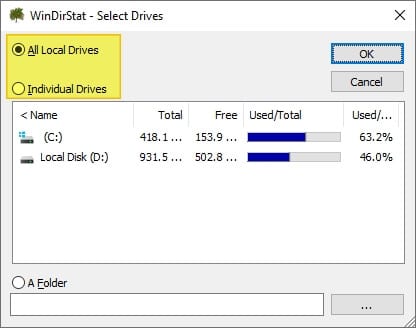 WinDirStat select drives Cara Instan Mencari File Berukuran Besar di Windows 10 10 WinDirStat select drives