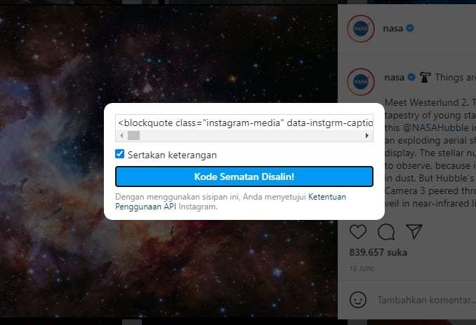 kode sematan disalin Cara Menampilkan Postingan Instagram di Halaman Website 7 kode sematan disalin